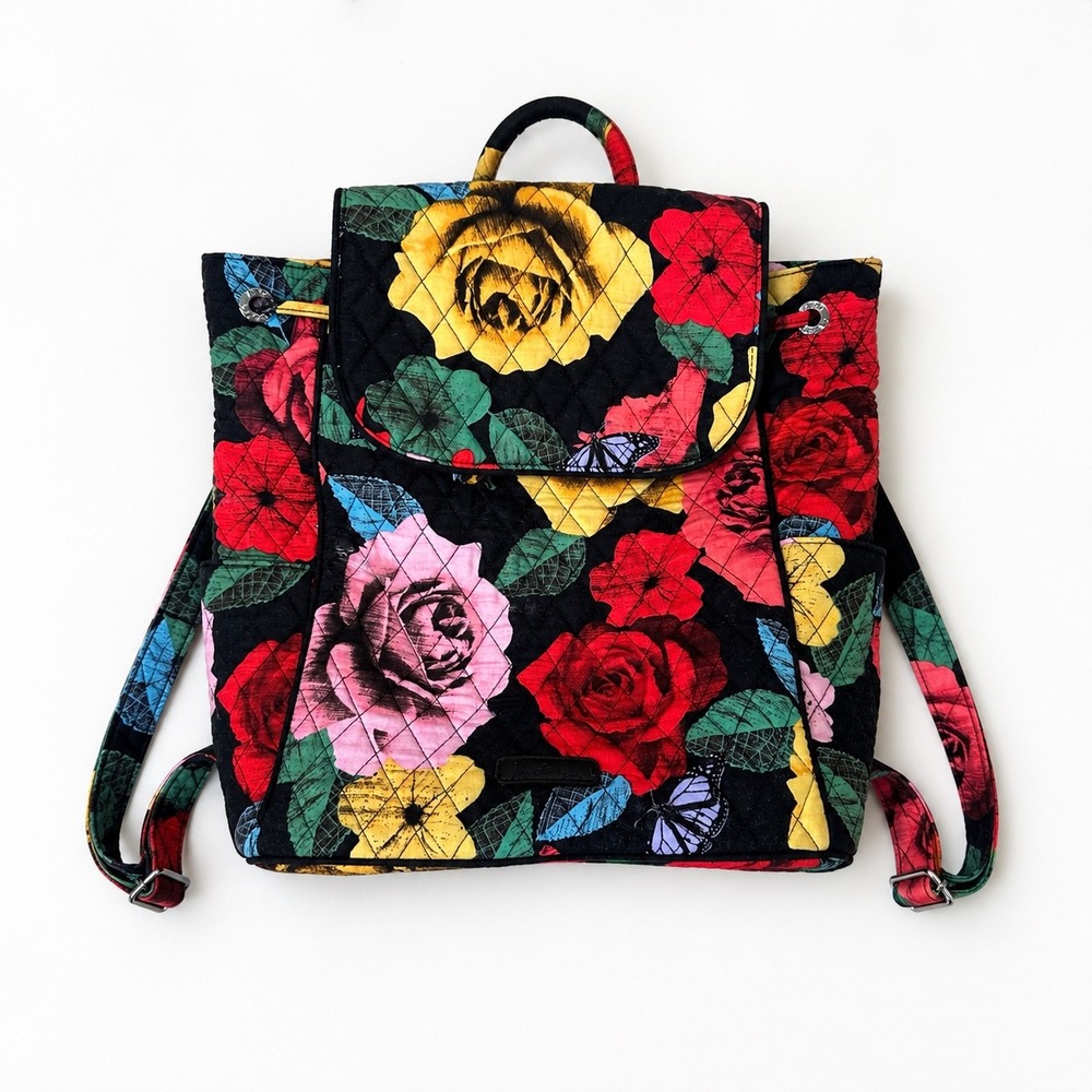 Vera Bradley Midnight Roses Quilted Cotton Backpack Floral Butterfly Black Bagâ